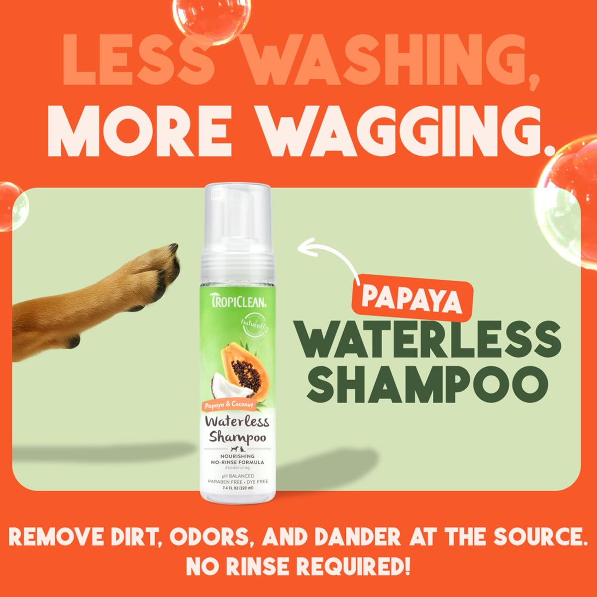 TropiClean No Rinse Waterless Dog Shampoo | Detangling & Deodorizing Dry Shampoo for Smelly Pets | Moisturizes Dry Skin | USA Made | Papaya Scent | 7.4oz