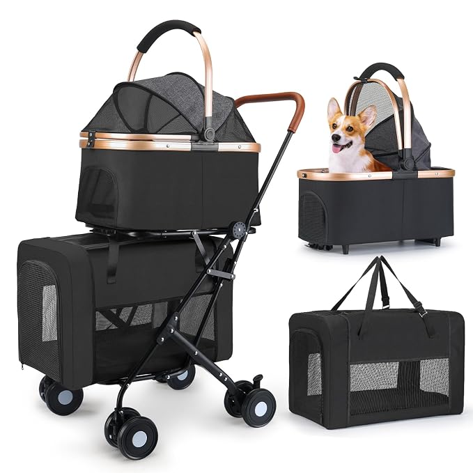 Double Pet Stroller for Small Medium Dogs - 4 In1 Dog Stroller for 2 Pets, Detachable and Foldable with 360°Rotating Wheels, Easy Assembly and Compact Size (Black)