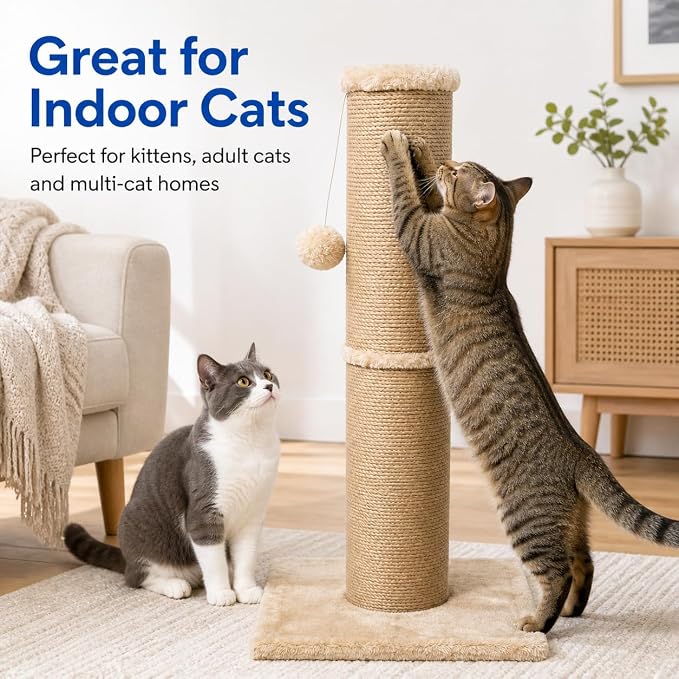 Sisal Cat Scratching Post for Indoor Cats & Kittens, 5.5" Diameter Heavy Duty Vertical Scratcher, 32 Inch Extra Tall Furniture Protector with Stable Base, Yellow