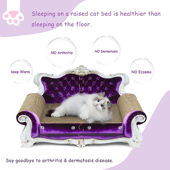 Luxury Cardboard Cat Scratcher Sofa Bed, Couch Shaped Cat Scratching Board, Cat Scratch Lounge with Catnip, Cat Scratcher for Indoor Cats (Purple Crown)