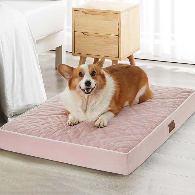 WNPETHOME Orthopedic Waterproof Large Dog Bed for Crate Cozy Sleep | Washable Large Pet Bed with Removable Cover, Multi-Needle Quilting Dogs Crate Beds Pink 35x22 Inch