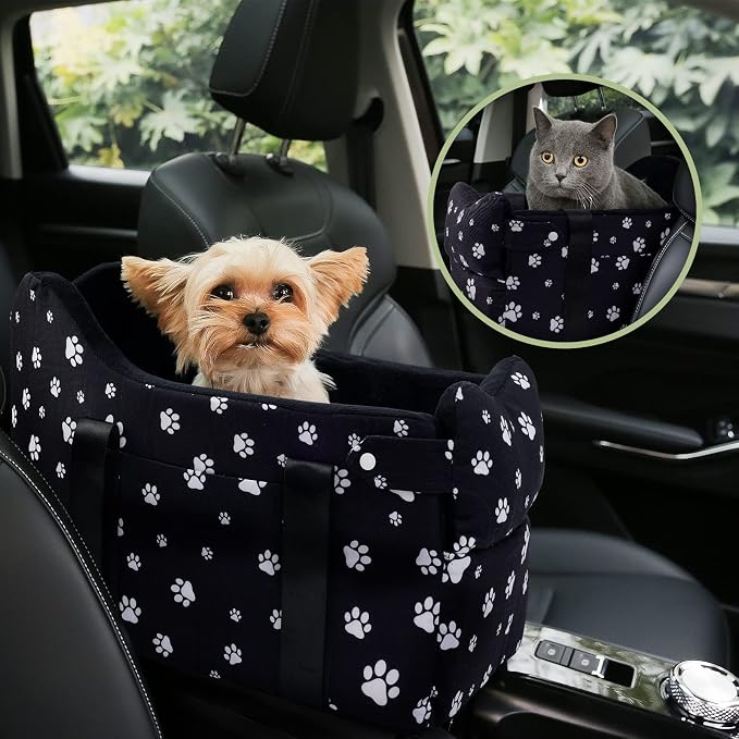 Center Console Dog Car Seat Safe Travel for Small Dogs Under 15 lbs Detachable Washable Pet Carrier with Storage Pockets & Safety Leash,Black