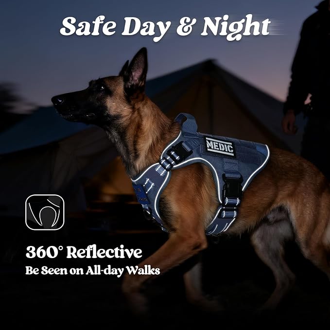rabbitgoo Tactical Dog Harness for Large, Heavy Duty Military No Pull Vest | Sturdy Metal Buckles, 5 Adjustments, Molle System, Powerful Pullers for Training, Hunting, Outdoor, Blue Reflex, Large