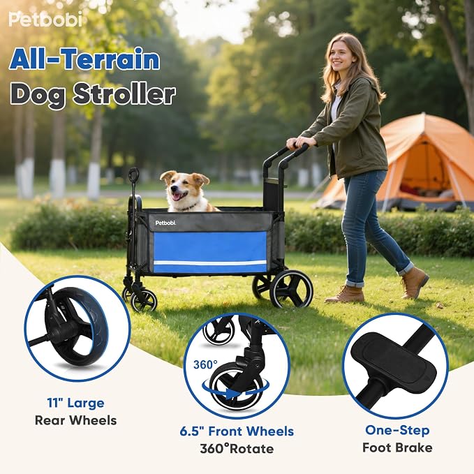 Petbobi Dog Wagon for Large Dogs, Push & Pull Foldable Pet Cart with Ramp | Fits Medium & Heavy Breeds Up to 80 lbs, 360° Swivel Stroller Wheels, Adjustable Handle, Foot Brake, Safety Leashes, Blue