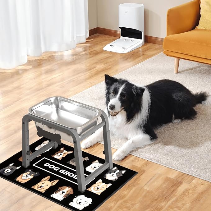 1.2 Gallon Elevated Dog Water Bowl, Height Adjustable (10.4–15.2'') Raised Stainless Steel Bowl with Spill-Proof Mat & Sturdy Metal Stand, Tip-Proof, Easy to Clean, Indoor & Outdoor Use