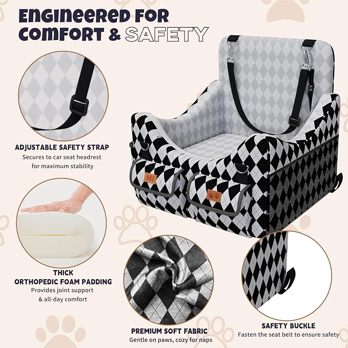 Dog Car Seat for Small/Medium Dogs up to 35lbs, 4-Pocket Storage Memory Foam Dog Booster Seat, Detachable Washable Pet Car Seat with Safety Belt, Outdoor & Indoor Use (Black/White)