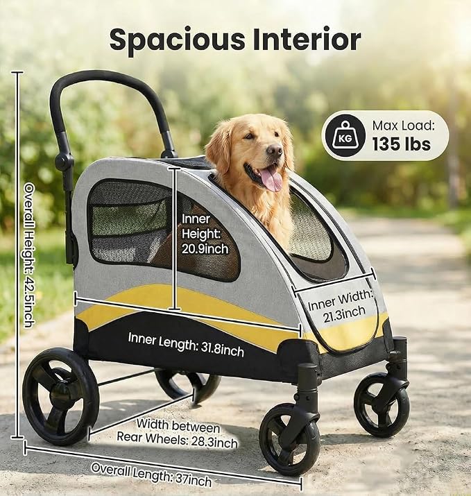 Garvee Extra Large Dog Stroller with Steel Pipe Frame, Wheels, Brakes, Shock Absorption, Foldable Design - Yellow