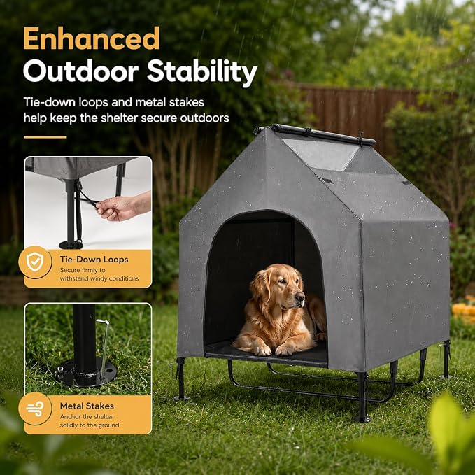 Erinnyees 48" Large Dog House Outdoor for Large Dogs, 2-in-1 Waterproof Dog House & Elevated Dog Bed with Removable Canopy, Breathable Mesh Windows, Steel Frame Dog Tent for Patio Backyard Camping