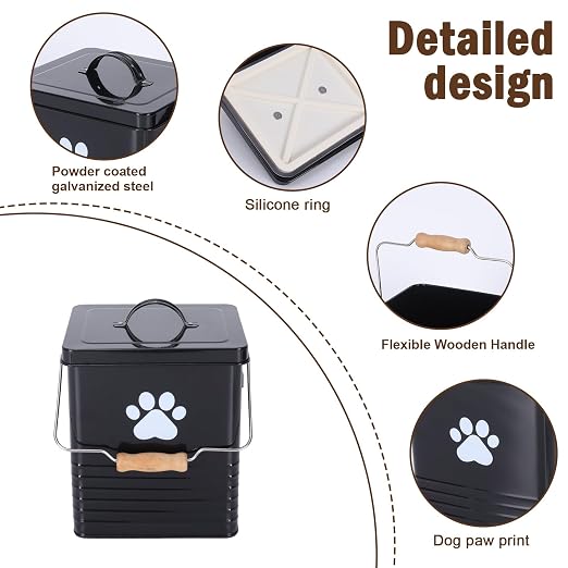 1.85Gal/7L Small Outdoor Trash Can with Lid, Metal Dog Poop Trash Can Outside, Dog Waste Container Bucket Handle(75 Trash Bags Included)-Black