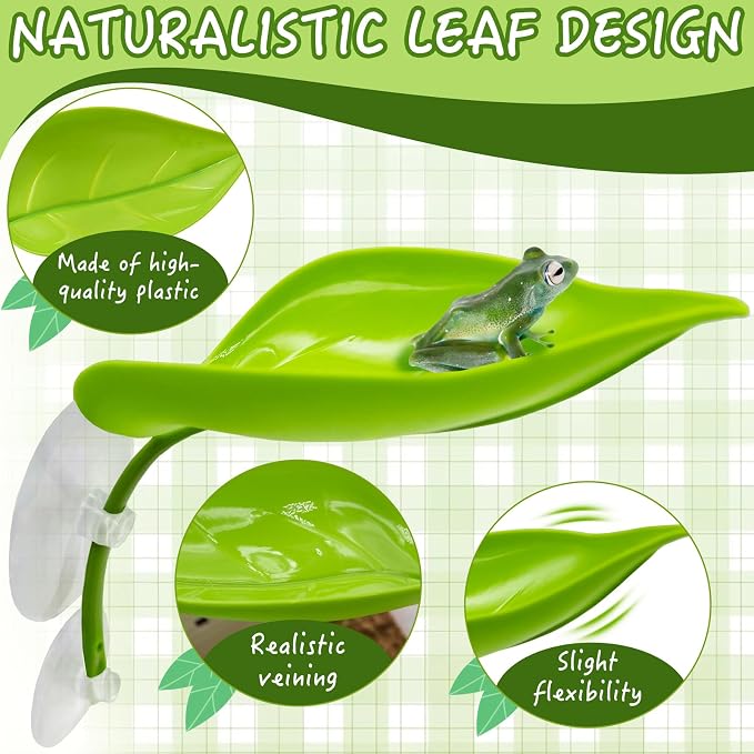 Tree Frog Habitat Toy Plastic Leaf Decorations Tire Swing Habitat Miniature with Suction Cups Frog Habitat Platform Terrarium Decor Accessories for Crested Geckos, Leopard (Green)