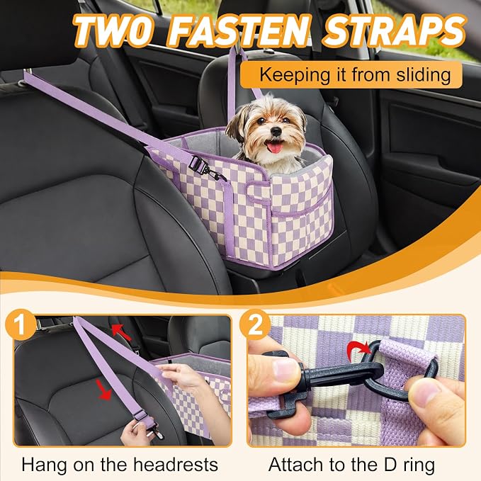 Console Dog Car Seat for Small Dogs, Foldable Booster Seat,Purple Checkered | Portable Booster Seat Sits On Car Console/ Armrest. Foldable for Easy Storage. for Center Console, Easy To Clean.