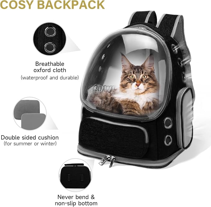 Cawypety Cat Backpack Carrier, Breathable Cat Carrier Large Space Bubble Pet Backpack for Kitty Small Dog up to 12lbs, Transparent & Foldable Pet Carrier for Travel Hiking (Black