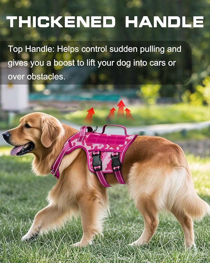 Dog Harness, Tactical No Pull for Small Sized Dog with Handle | Breathable Soft Padded, Adjustable, Reflective, Molle System, Heavy Duty, No Choke for Walking Training, Pink Camo Small