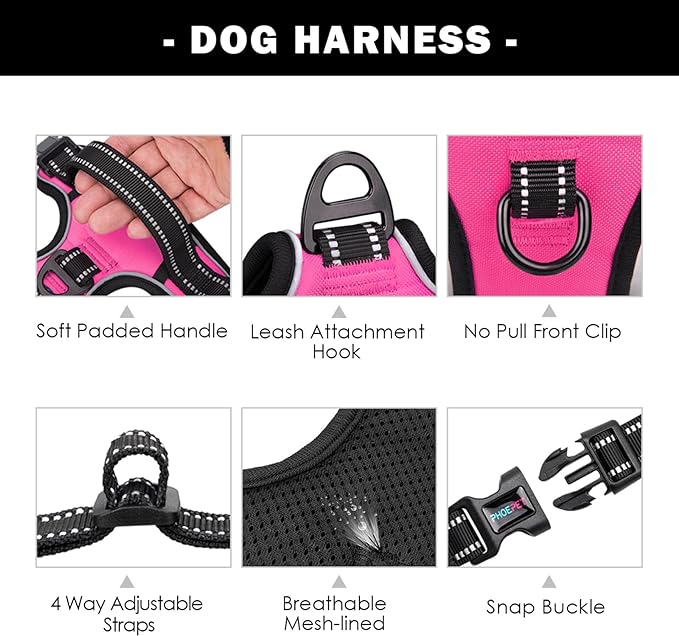 No Pull Dog Harness Medium Reflective Front Clip Vest with Handle | Adjustable 2 Metal Rings 3 Buckles,[Easy to Put on & Take Off](M, Pink)