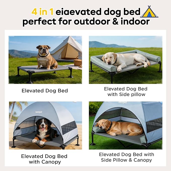 iweepet Upgraded 4 in1 Elevated Dog Cot with Removable Canopy & Bolster Pillows for Large & Extra Large Dog,Cooling Raised Outdoor Dog Bed with Breathable Teslin Mesh,Carry Bag for Camping, Backyard