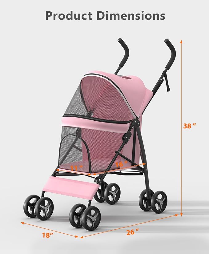 OS MOTOR 4 Wheels Pet Stroller for Small Medium Pets, Pink | Foldable Carrier Jogger, Rear Wheel Breaks, Storage Basket, Visible Mesh Weather Cover, Portable, Dog, Cat, Puppy, Kitty