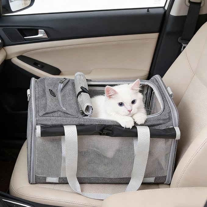 Pet Carrier Bag for Cats & Small Dogs, Airline Approved Travel Cat Carrier with Mesh Windows, Shoulder Strap & Removable Mat, Foldable Design for Home & Outdoor Trips
