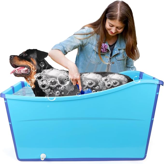 YUEPET Dog Bathtub for Large Dogs, 49 Gallon Foldable Bath Tub, Blue | Bathtub for Dogs, Extra Large Dog Fit, PP & TPE Build, Drain Plug and Hose, Folds for Storage, Blue