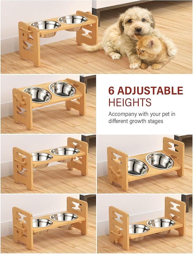Elevated Dog Bowls, Raised Dog Bowl Stand Adjustable Small, Natural | Bamboo Elevated Feeder with 2 Stainless Steel Bowls, Adjustable Height Stand for Small Puppies and Cats