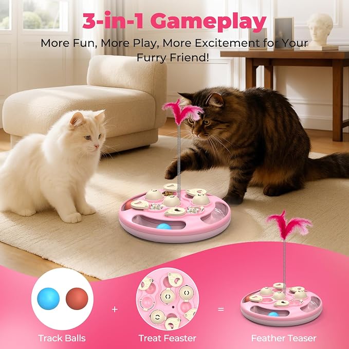 3 in 1 Cat Treat Puzzle Feeder, Level 3 Interactive Cat Puzzle Toy with Track Balls, Feather Teaser & Slow Feeder Insert, Non-Slip Base, Mental Stimulation for Bored Indoor Cats, Pink