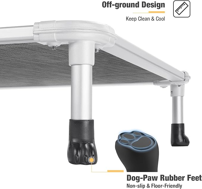 Veehoo Chew Proof Elevated Dog Bed, Cooling Raised Pet Cot, Silver Aluminum | Indestructible Dog Bed with Durable Textilene Mesh Fabric, No-Slip Feet for Indoor or Outdoor Use, 42", Large, Black Silver