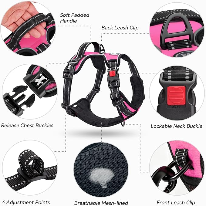PoyPet No Pull Dog Harness Large with Front Clip & Neck Release Buckle | No Choke, Adjustable Vest, Reflective, Back Clip, Lockable, Soft Padded, Easy Control Handle for Walking Training, L, Pink