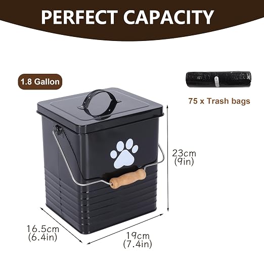 1.85Gal/7L Small Outdoor Trash Can with Lid, Metal Dog Poop Trash Can Outside, Dog Waste Container Bucket Handle(75 Trash Bags Included)-Black