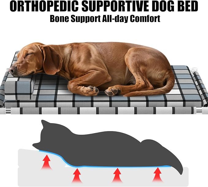 Elevated Dog Bed with Cushion & Bolster, Raised Dog Beds with Pillow & Mat | Cooling Lifted Large Indoor Outdoor Portable Lifted Pet Cot Stainless Steel Frame Indoor Outside Breathable Hammock Beds