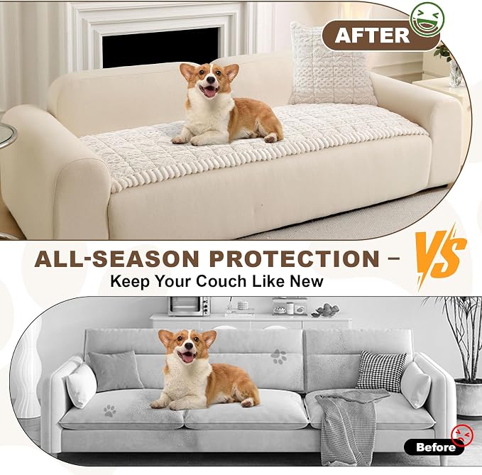 OTOB Couch Cover for Dogs Washable Pet Friendly, Non Slip Plush Fuzzy Love Seat Couch Covers Sofa Slipcovers, Geometric Jacquard Soft Pet Cushion Mat Protector All Seasons (Off White, 27.6" x 59.1")