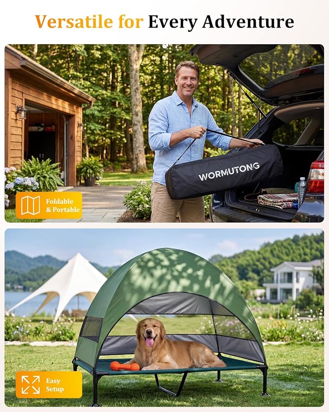 Elevated Outdoor Dog Bed with Canopy, Raised Dog Cot with Stable Adjustable Feet, Dog Camping Bed with Larger Shade, Lifted Dog Tent Bed with Canopy for Outside (Green, X-Large)
