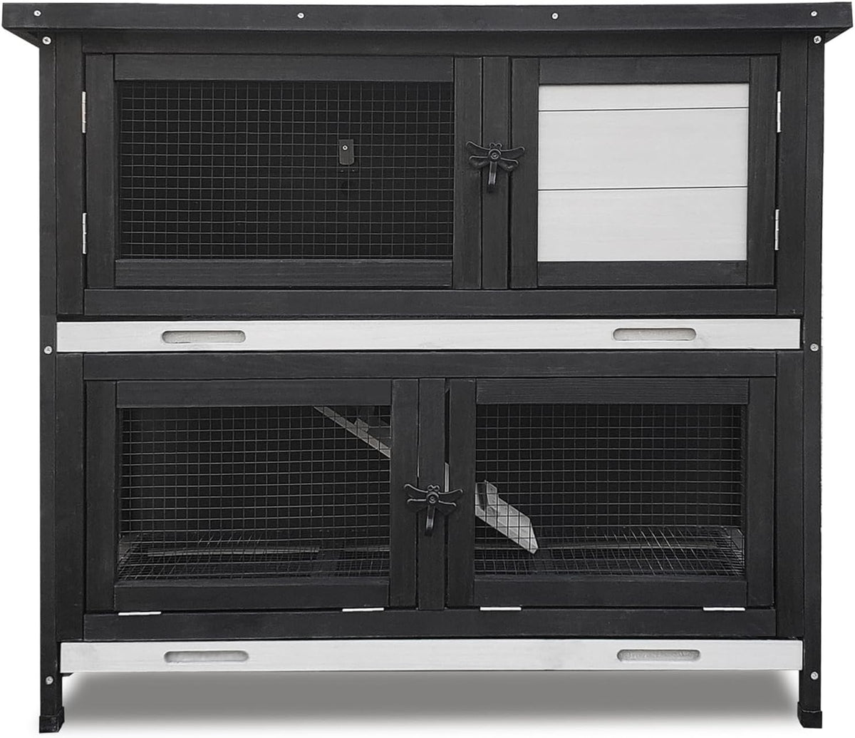 Double Level Solid Wood Rabbit Hutch Small Animal Cage for Rabbits, Guinea Pigs, Hedgehogs & Lizards Indoor/Outdoor– 2-Tier Eco-Friendly Habitat with Bedding Area, Durable & Easy to Clean