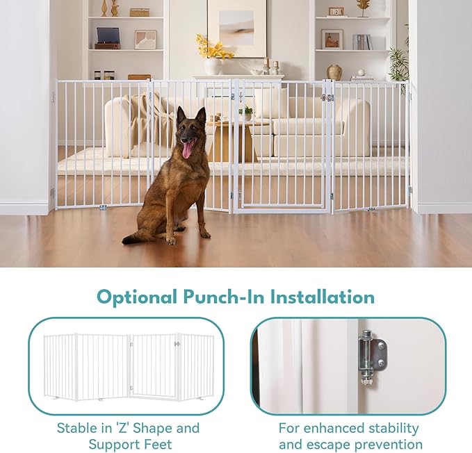 No Pawblems Free Standing Dog Gate with Door, 36'' Tall Foldable Dog Fence for Indoor & Outdoor, Up to 104 Inch Extra Wide Puppy Gate for Stairs, Hallways, Doorways, Deck, Yard (White, 4 Panels)