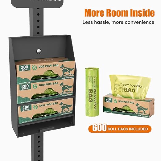 Dog Waste Station Outdoor, Pet Waste Disposal Station Rustproof Aluminum with 10 Gallon Trash Can, 600 Dog Poop Bags & 50 Liners for Parks, Trails, HOA Communities (Black)