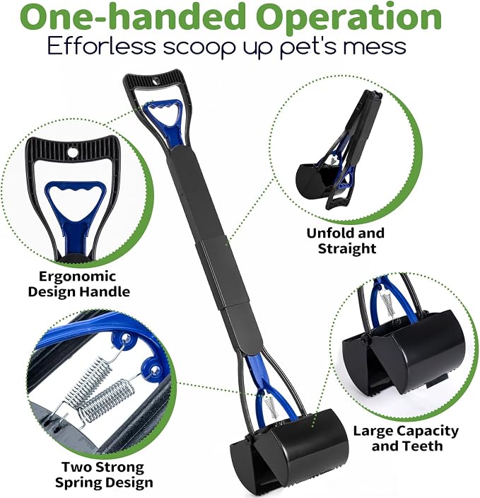 32" Pooper Scooper with Bags & Dispenser Attachment, Long Handle Dog Poop Scooper for Large/Small Dogs, High Strength Spring No-Bend Poop Scoop, Foldable Poop Picker Upper for Grass/Gravel Pick Up