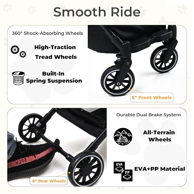 Pet Stroller for Cats and Small Dogs, Cat Strollers for 2 Cats with Detachable Carrier, Safety Leashes, Ventilated, Foldable,Pet Car Seat, All-Terrain Wheels, Storage Basket & Cup Holder, Black