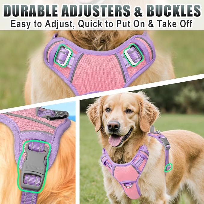 BARKBAY No Pull Dog Harness Large Reflective Dog Harness with Front Clip and Easy Control Handle for Walking Training Running with ID tag Pocket(Baby Pink & Violet Purple,L)