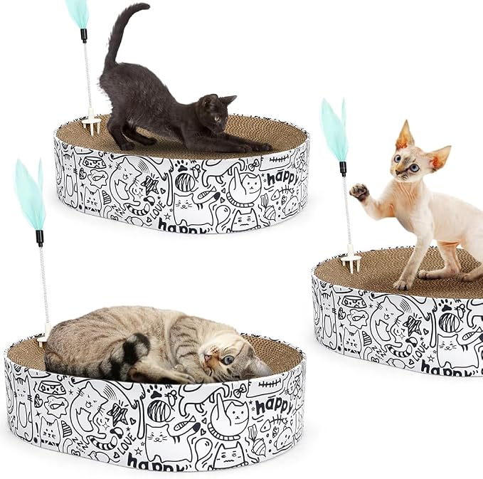 Cat Scratcher Cardboard, 2in1 Oval Cat Scratcher Bed for Indoor Cats Cat, Scratch Pad Bowl with Scratching Toy, Cozy Oval Cat Scratch Bed Furniture for Kittens & Medium Size Cats(White)