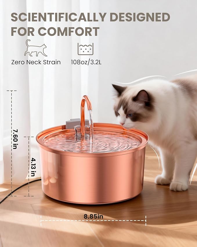 Tomxcute Copper Cat Water Fountain, 108oz/3.2L Large Capacity, Ultra-Quiet Pump (≤25dB), Multi-Layer Filtration, Easy Hand-Wash Design for Cats & Small Dogs