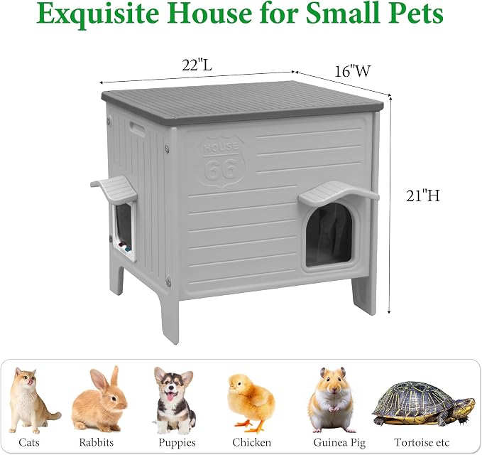 Cat House Outdoor Weatherpoof Plastic Cat Shelter Outside | with Escape Door Indoor Waterproof Feral/Pet Cat Houses for Puppy, Rabbit(Grey)