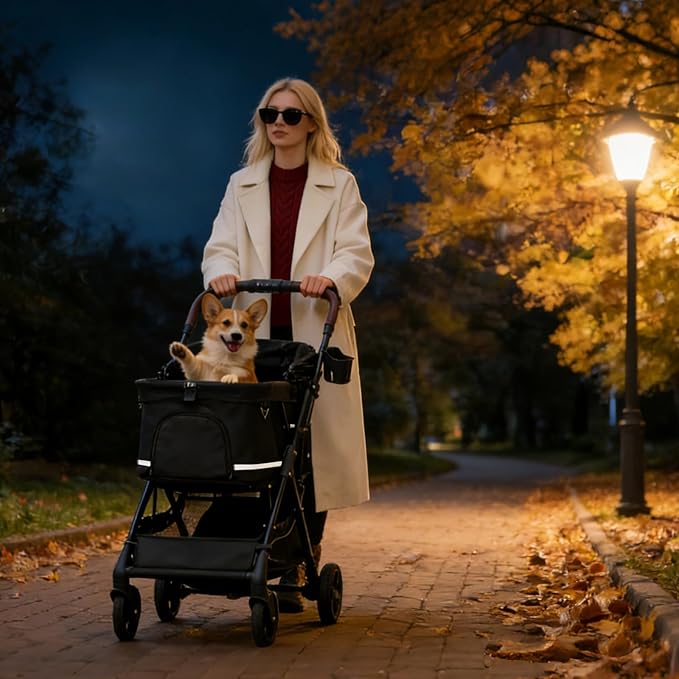No-Zip Pet Stroller for Small Dogs & Cats, 44 lb, Black | No-Zip Canopy, 44 lb Capacity, Reflective Trim, 2 Tethers, Lockable Front Wheels, Rear Brake and One-Hand Fold
