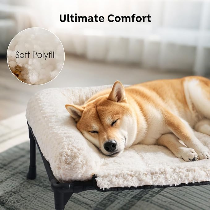 Veehoo Orthopedic Elevated Dog Bed Add Removable Deluxe Rose Plush Bolster Cushion Mat, 47" x 29" Washable Dog Couch Bed, Raised Pet Cot with Breathable Teslin Mesh, No-Slip Feet, White, CWC2439B