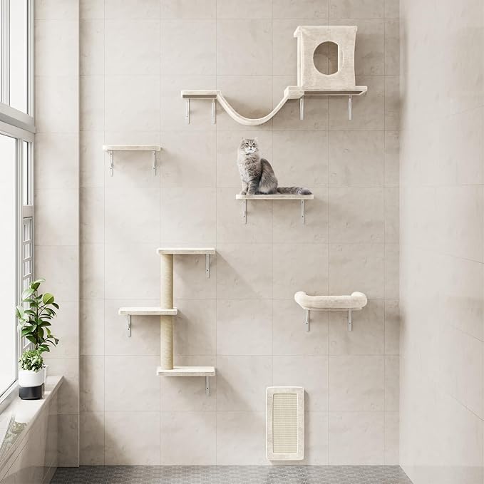 12-in-1 Cat Wall Shelves, Luxury Wall-Mounted Cat Climber Set with Condos House, Scratching Post, Bridge Ladder, Indoor Space-Saving Furniture for Kittens, Beige