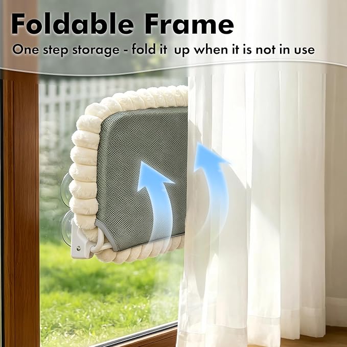 AMOSIJOY Cordless Cat Window Perch, Window Hammock for Cats with 4 Strong Suction Cups, Solid Metal Frame and Cushion Bed Cover, Indoor Cat Bed (XL,Stripe)