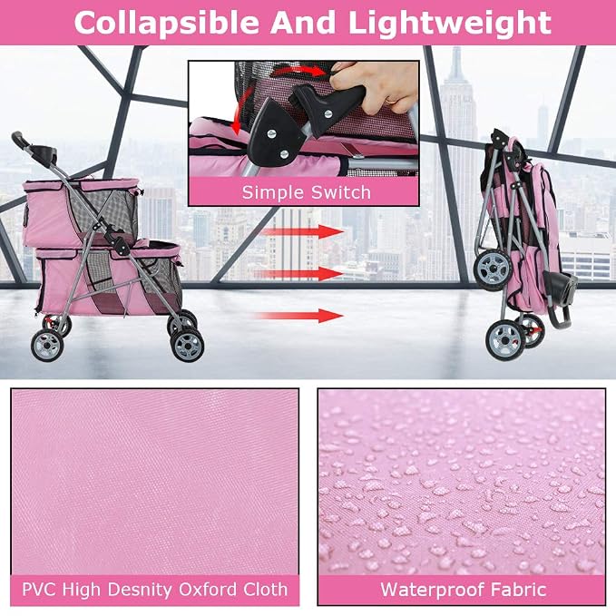 Dog Stroller Cat Pet Carriers for Small Medium Dogs Cats Travel Camping 4 Wheels Lightweight Folding Crate Stroller with Soft Pad (Pink)