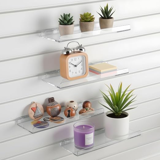 Yalikop 4 Pcs Slatwall Shelves Clear Acrylic Slatwall Shelves Organizer Wall Mounted Hanging Accessories Plastic Panel Display Shelf for Retail Store Boutique Garage Home(No Fence Style,12 x 5 Inch)