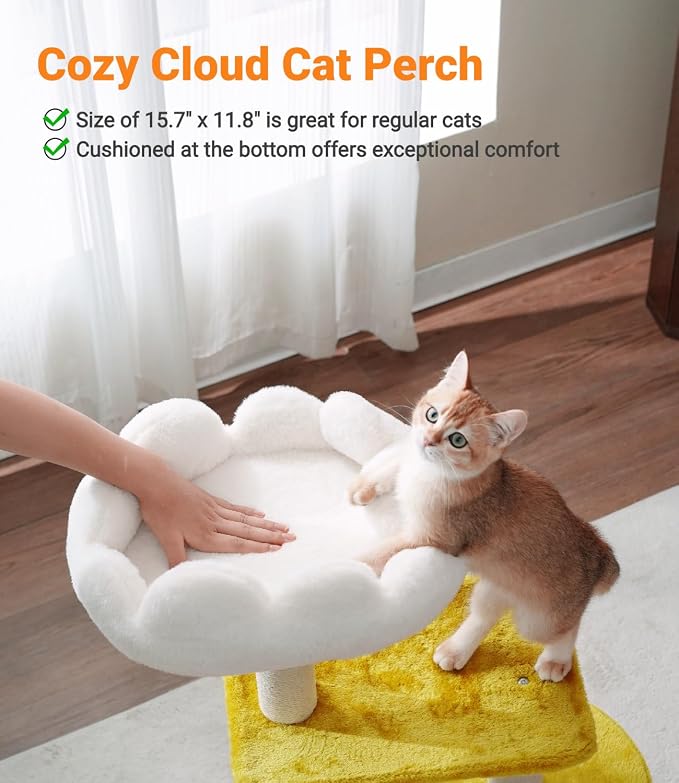 Happi N Pets Cat Tree, 33" Multi-Level Cloud Cat Tree Tower with Cozy Padded Bed & Large Condo for All Sized Cats, Featuring Scratching Posts, Viewing Perch & Toys, Stable Small Cat Tower