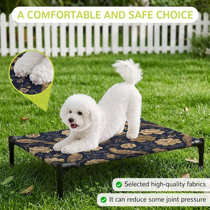 Outdoor Elevated Dog Bed for Medium Dogs, Vintage Flowers Breathable Cooling Raised Dog Cot for Indoor/Outdoor, Birds on Branch Floral Elegant Plants Waterproof Elevated Pet Beds, M 24 x 20 in