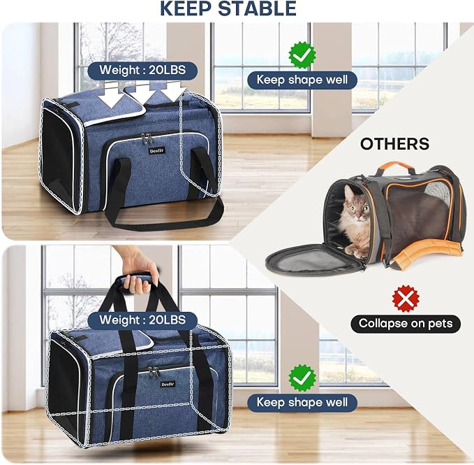 Pet Carrier, Large Soft Sided Expandable Travel Carrier with Steel Frame, Anti-Scratch Mesh, Removable Fleece Pad and Pockets for Cats, Dogs and Small Animals up to 15 lbs (Blue, 4 Sides Expandable)