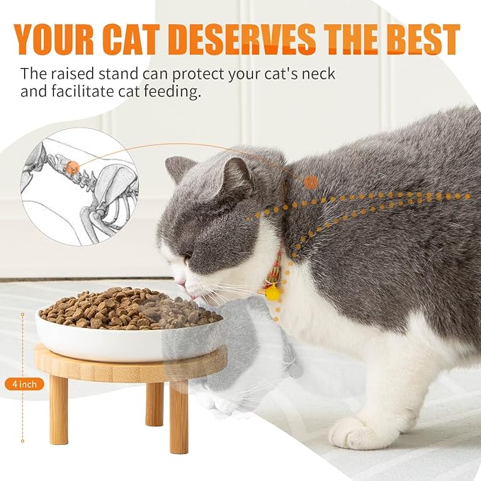 Lusifaco Shallow Elevated Cat Bowls,5.9 Inch Wide Raised Ceramic Cat Dishes with Bamboo Stand, Whisker Friendly Pet Water or Food Plates Feeding Station for Indoor Cats, Kitten(White,Set of 2)