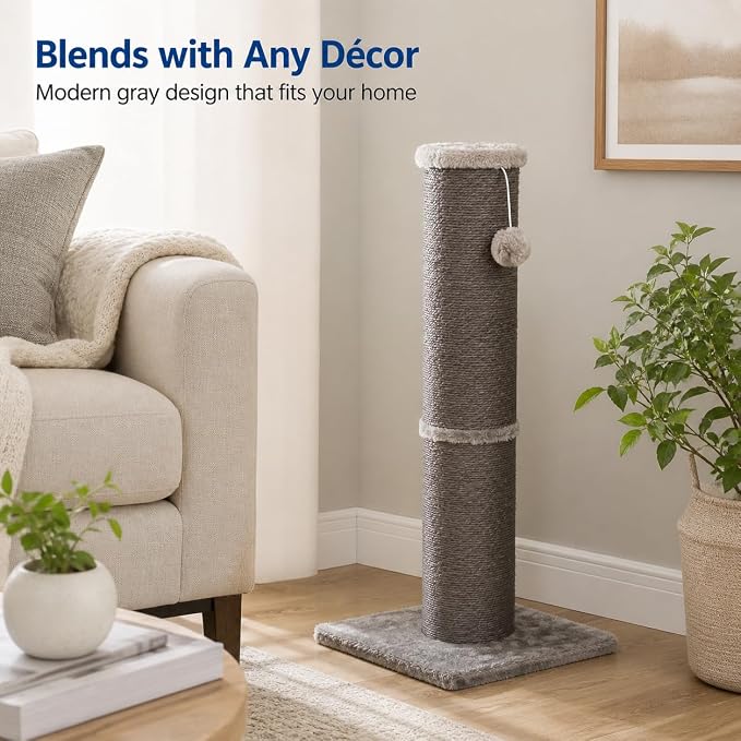 Sisal Cat Scratching Post for Indoor Cats & Kittens, 5.5" Diameter Heavy Duty Vertical Scratcher, 32 Inch Extra Tall Furniture Protector with Stable Base, Grey